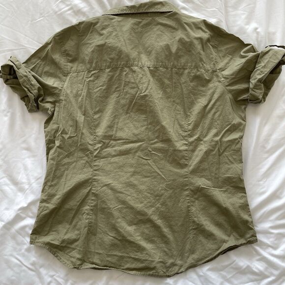 Y2K Harley Davidson Army Green Utility Shirt 100% Cotton Top Womens Size XL - Picture 2 of 10